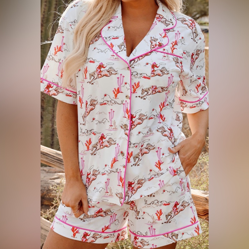Pink Cowgirl Pajamas Short Set, Western Pajama Set, Summer Cowgirl